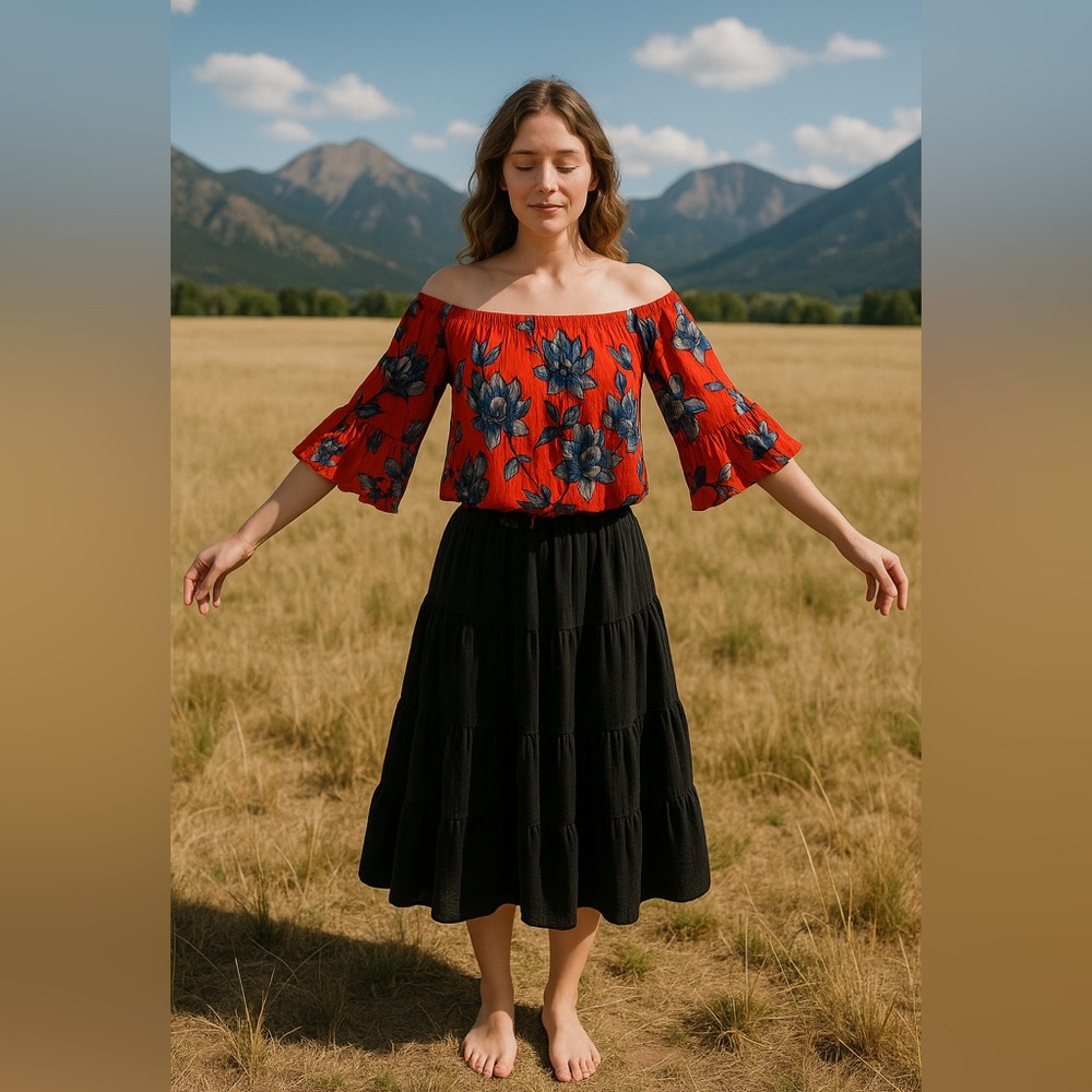 Gypsies & Moondust Scarlet and Navy Off-Shoulder Blouse